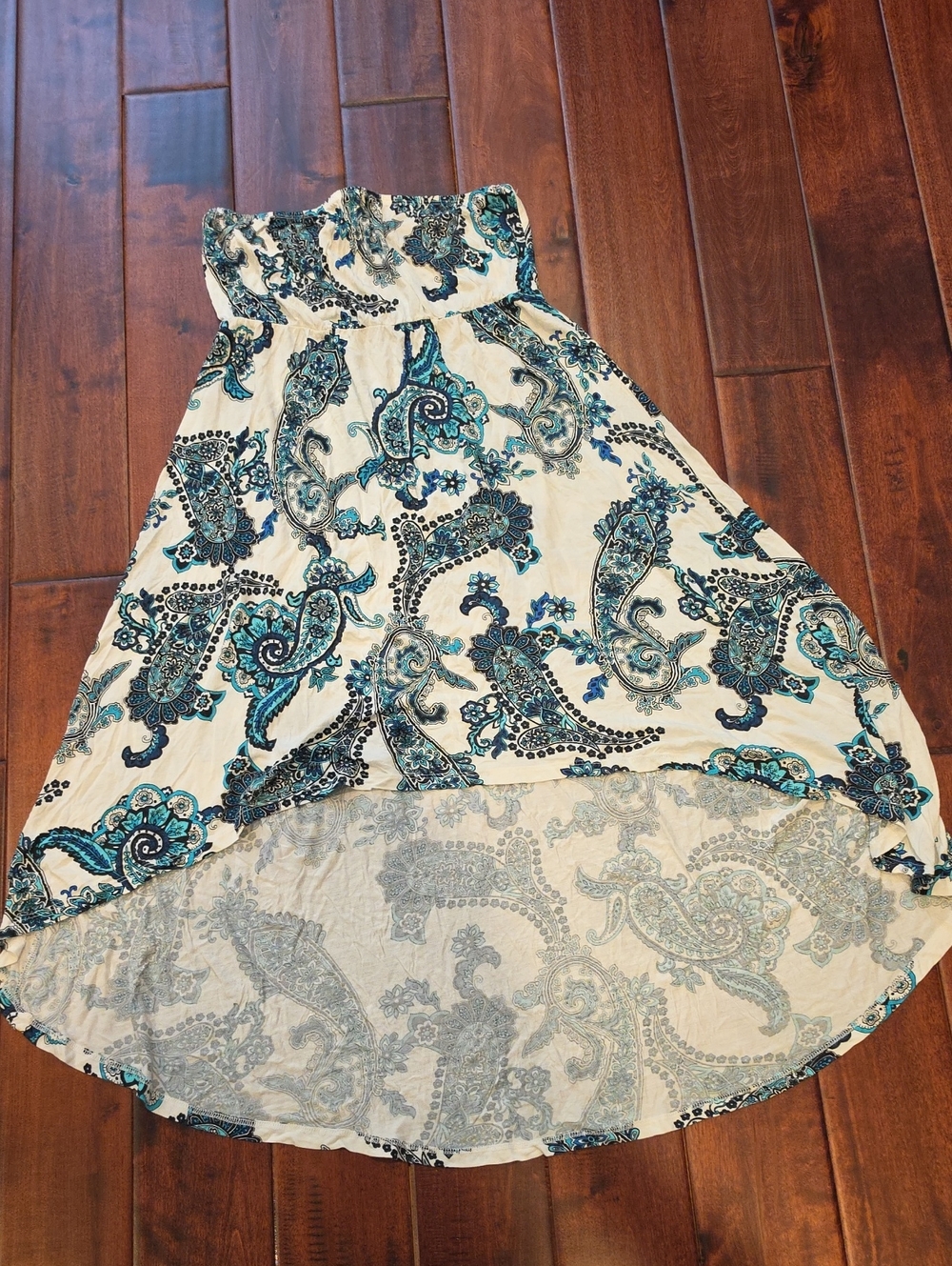 High-Low Strapless Paisley Print Women's Skirt - Blue & White Sz 12 (Runs Small)